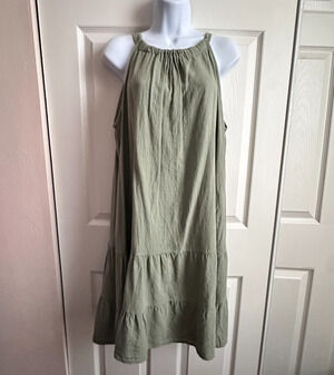 Bellambra Sleeveless Tie Neck Italian Linen Sage Green Tiered Halter Dress Large